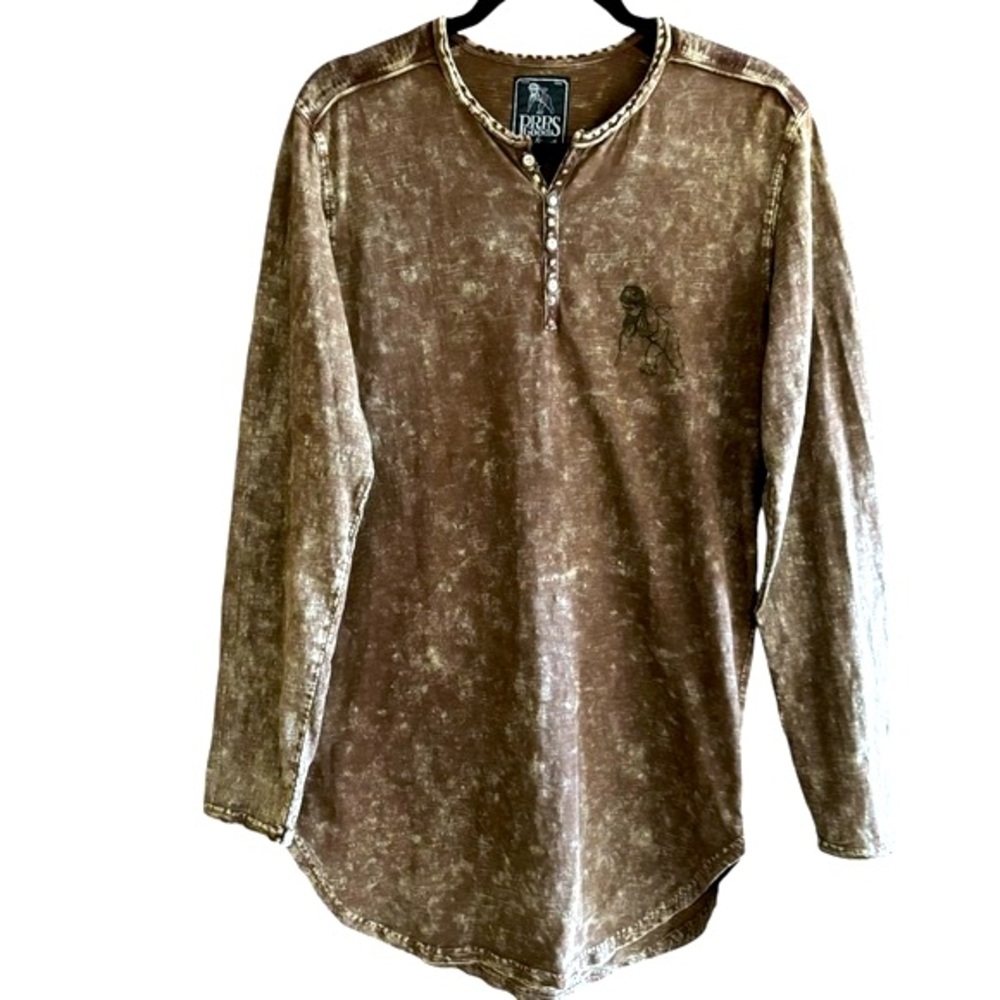PRPS Men’s Acid Stone Washed Long Sleeve Henley Graphic Tee Shirt  Size L